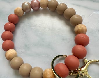 Autumn Spice Silicone Wristlet | Wood & Gold Keychain, 15mm Beads