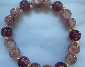 Handmade Burgundy Crackle Glass Beaded Bracelet | Gold Butterfly Charm
