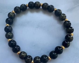 Black & Gold Glass Beaded Bracelet | Handmade 8mm Stretch Bracelet