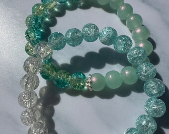 Handmade Crackle Glass Bead Bracelet Set | Blue, Green, & White