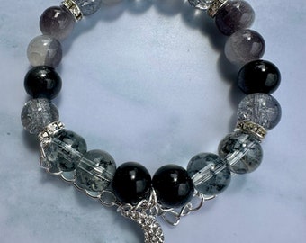 Black & Grey Beaded Bracelet | Dangle Moon Charm