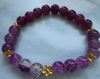 Purple Daisy Beaded Bracelet | Crackle Glass, Gold Accents