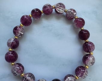 Handmade Cranberry Crackle Glass Beaded Bracelet | Purple & Gold