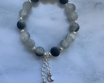 Matte Black & Grey Glass Beaded Bracelet | Lunar Moon Charms