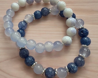 Handmade Blue Glass Bead Bracelet Set | Silver Accents