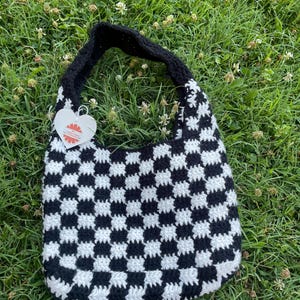 Black and White Checkered Handmade Crochet Purse With Tye Dye Lining
