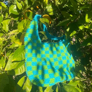 Neon green and Sky Blue crochet checkered purse bag