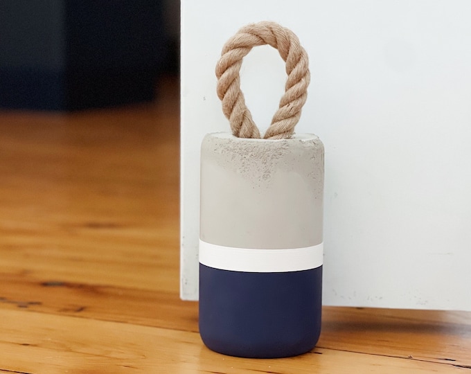Handmade Cement Buoy Doorstop, Nautical Blue, Jute Handle, doorstop