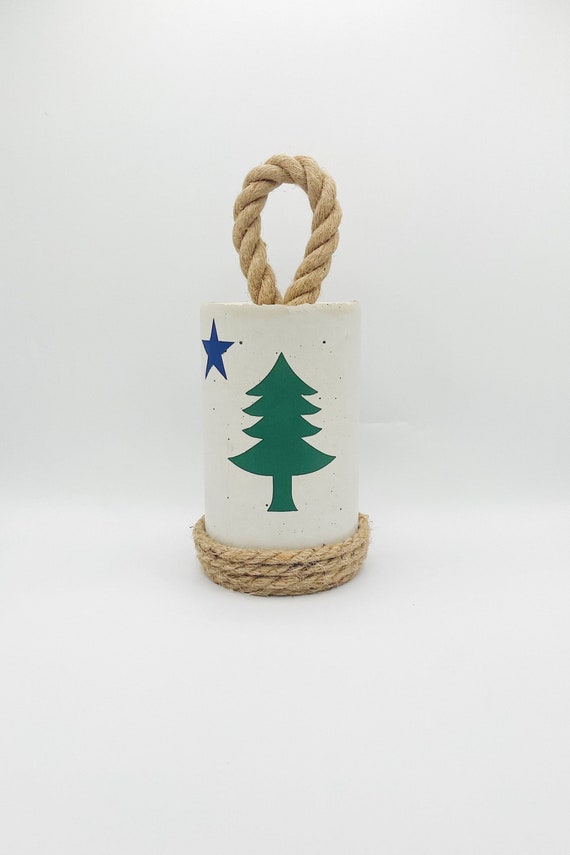 Cement doorstop, Original Maine flag, Heavy concrete doorstop, Cylinder doorstop with handle, Handmade decor, gift for her, gift for home