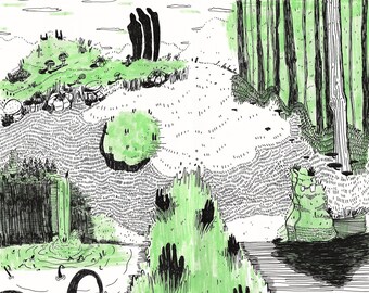 Green fictional landscape art print