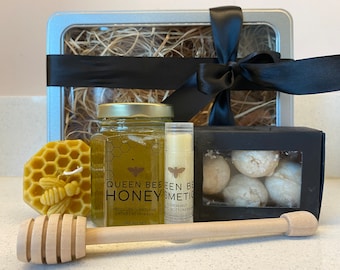 Handmade Honey Bee Gift set, Raw Honey, Natural lip Balm, Beeswax Candle, birthday, thank you, pick me up, gift, get well  gift, for her