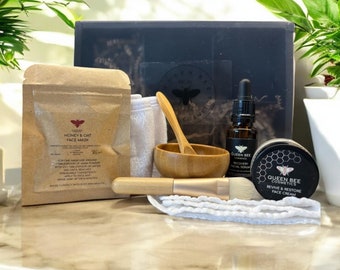 Natural Skincare Self Care Box, Honey Oat face Mask, Face Cream, Serum