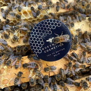 May include: A black and gold round container with the text "Queen Bee Cosmetics" and "Top to Bottom Balm" on a honeycomb background with bees surrounding it.
