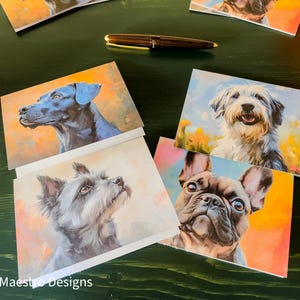 Cartes de correspondance vierges aquarelles de chien mignon avec des enveloppes, bouledogue français/Grand Giffon Vedeen/grand bleu de Gascogne/chien de berger des Pyrénées
