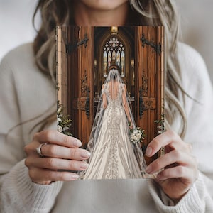 May include: A rectangular notebook featuring an illustration of a person in a white lace wedding gown and veil standing before large wooden church doors with stained glass windows. The person holds a bouquet of white flowers in one hand.