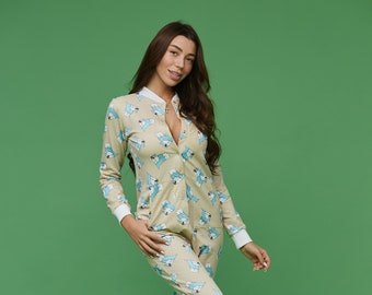 Woman sexy cute butt flap Pajamas jumpsuit SweetJama "Bears in scarves"