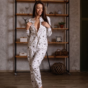 Woman cute butt flap Pajamas jumpsuit cutout SweetJama Flannel Stars image 5