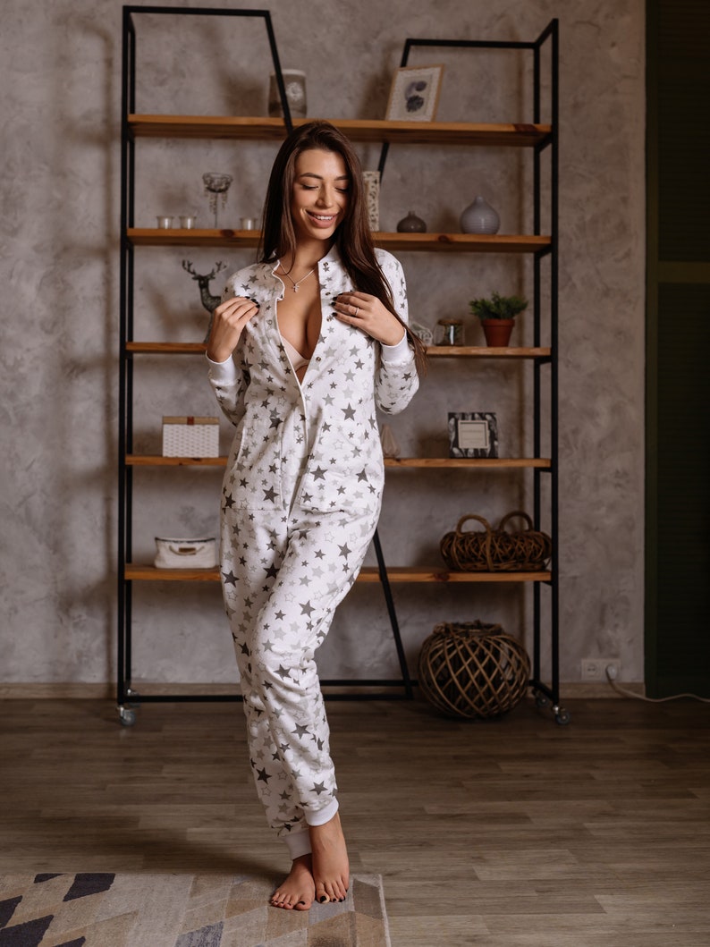 Woman cute butt flap Pajamas jumpsuit cutout SweetJama Flannel Stars image 5