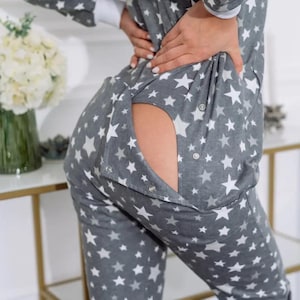 Woman cute butt flap Pajamas jumpsuit cutout SweetJama Flannel &quot;Stars Gray&quot;