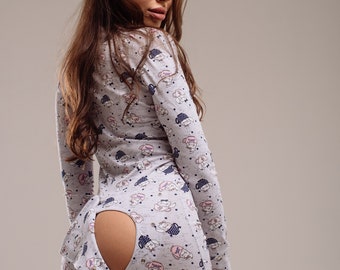 Woman butt flap Pajamas jumpsuit SweetJama Desire "Cat in Cup"