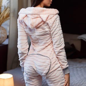 Women&#39;s cozy terry butt flap pajamas Sweetjama Frozy with a hood &quot;Peach Chinchilla&quot;