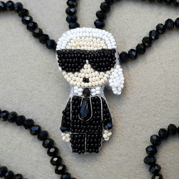 Beaded brooch Karl Lagerfeld fashion, embroidered brooch, handmade brooch,designer brooch, black and white brooch, stylish brooch, couturier