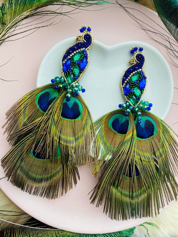 bird brooch beaded, handmade brooch, feather brooch, green brooch, beautiful brooch, crystal brooch, blue brooch, peacock brooch