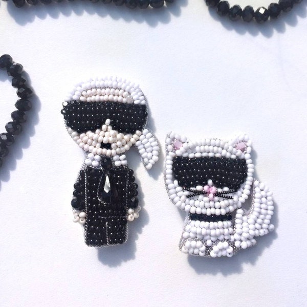 Beaded brooch by designer Karl Lagerfeld and cat Schupett , designer brooch, black brooch, white brooch, stylish jewelry