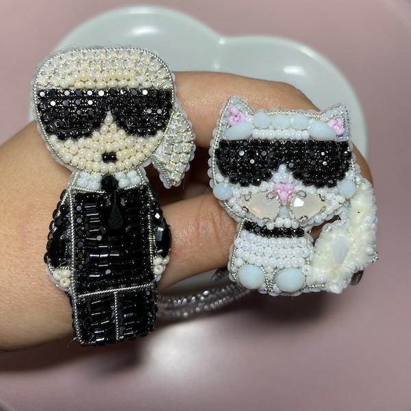 Karl Lagerfeld beaded brooch, designer brooch, Choupette the cat brooch, Lagerfeld and the cat, milking her brooch, stylish brooch, handmade