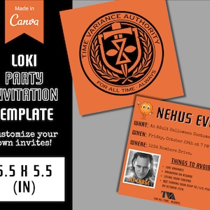 Può includere: Un modello di invito stampabile di 5,5 x 5,5 pollici per una festa in costume di Halloween a tema Loki. L'invito presenta uno schema di colori nero e arancione con una grafica del logo della Time Variance Authority e il testo "Nexus Event".