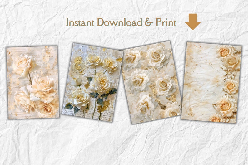 Puede incluir: Cuatro papeles digitales imprimibles con rosas de color crema sobre un fondo texturizado. Los papeles son perfectos para scrapbooking, creaci&oacute;n de tarjetas y otras manualidades de papel.