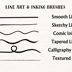 May include: A graphic showing six different line art and inking brushes. The brushes are labeled "Smooth Liner", "Sketchy Liner", "Comic Inker", "Tapered Liner", "Calligraphy Inker", and "Textured Ink".