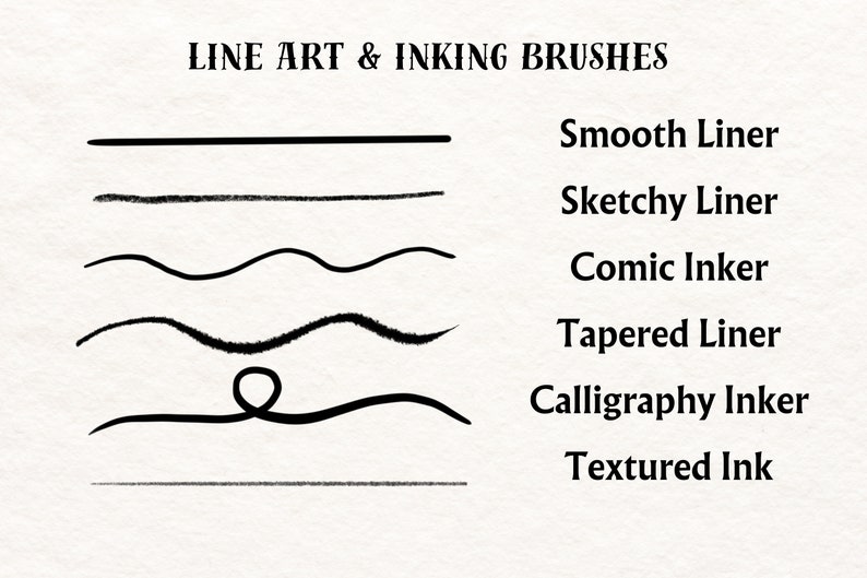 May include: A graphic showing six different line art and inking brushes. The brushes are labeled "Smooth Liner", "Sketchy Liner", "Comic Inker", "Tapered Liner", "Calligraphy Inker", and "Textured Ink".