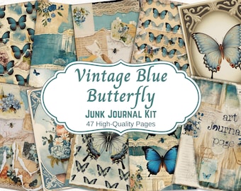 Diario junk vintage con farfalle, pagine di diario junk con farfalle, diario junk vintage, shabby chic, creazione di biglietti, scrapbooking, diario con farfalle