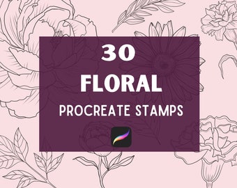 May include: A purple rectangle with the text "30 FLORAL PROCREATE STAMPS" and a Procreate app icon. The background is pink with black line drawings of flowers.