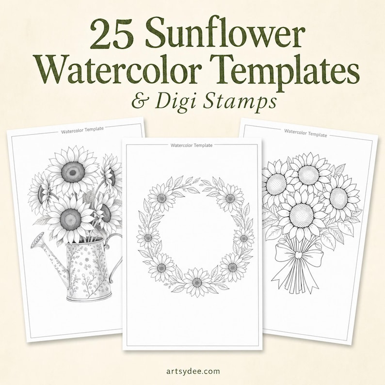 Come dipingere girasoli passo dopo passo / 25 modelli ad acquerello stampabili + video lezione gratuita / Schemi per principianti immagine 1