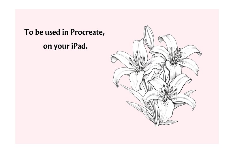 Pode incluir: Um desenho a preto e branco de l&iacute;rios sobre um fundo rosa. O texto "To be used in Procreate, on your iPad." est&aacute; no topo da imagem.