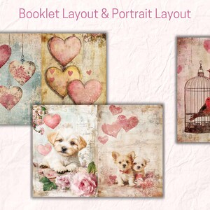 May include: A digital scrapbook paper design with a vintage aesthetic. The design features pink hearts, a birdcage with two birds, and a pair of dogs. The background is a distressed, textured paper with a light blue and white color scheme.