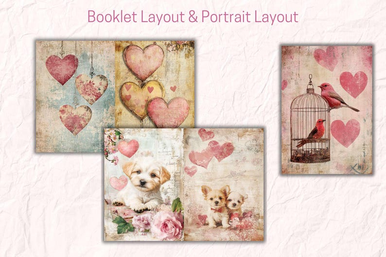 May include: A digital scrapbook paper design with a vintage aesthetic. The design features pink hearts, a birdcage with two birds, and a pair of dogs. The background is a distressed, textured paper with a light blue and white color scheme.