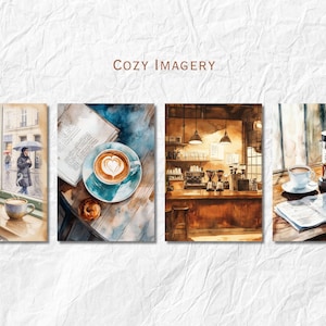 May include: Watercolor art prints featuring cozy coffee shop scenes. One shows a cup of coffee by a window overlooking a rainy street. Another depicts a latte with heart art. The third shows a coffee bar, and the last shows a French press.