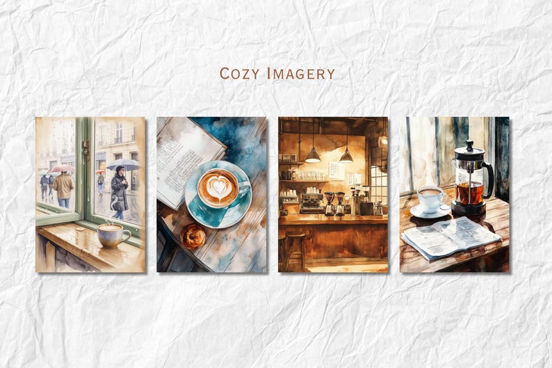 May include: Watercolor art prints featuring cozy coffee shop scenes. One shows a cup of coffee by a window overlooking a rainy street. Another depicts a latte with heart art. The third shows a coffee bar, and the last shows a French press.