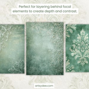 K&ouml;nnte beinhalten: Drei rechteckige digitale Kunstdrucke mit Vintage-&Auml;sthetik. Die Drucke zeigen eine teal- und gr&uuml;ne Farbpalette mit aufwendigen, floral inspirierten Designs. Der Text "Perfect for layering behind focal elements to create depth and contrast" ist sichtbar.