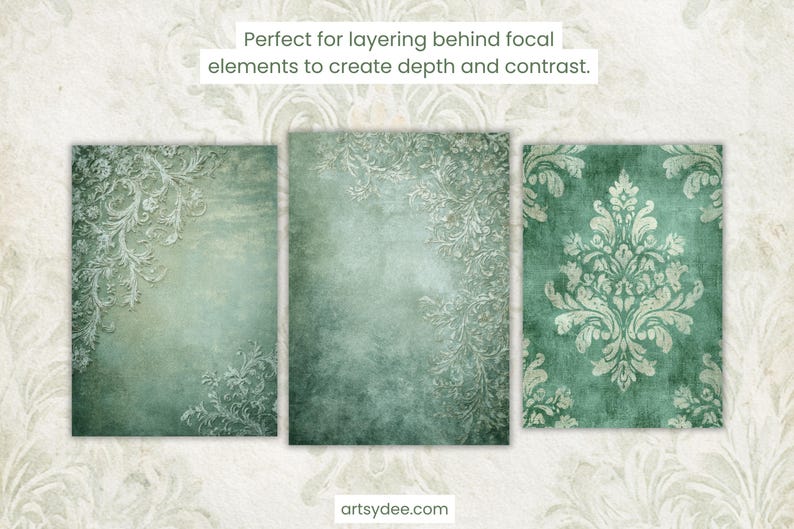 K&ouml;nnte beinhalten: Drei rechteckige digitale Kunstdrucke mit Vintage-&Auml;sthetik. Die Drucke zeigen eine teal- und gr&uuml;ne Farbpalette mit aufwendigen, floral inspirierten Designs. Der Text "Perfect for layering behind focal elements to create depth and contrast" ist sichtbar.