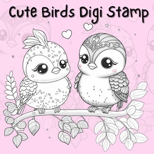 Cute Birds Digi Stamp, Procreate Stamp, digi stamp, digital stamp, kawaii birds, cute birds, fabricación de tarjetas, página para colorear, scrapbooking.