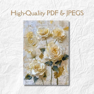 Puede incluir: Una pintura digital de rosas blancas con detalles dorados sobre un fondo de papel texturizado blanco y dorado con texto escrito a mano.