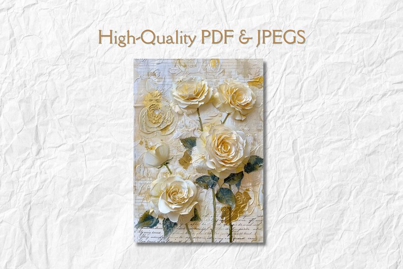 Puede incluir: Una pintura digital de rosas blancas con detalles dorados sobre un fondo de papel texturizado blanco y dorado con texto escrito a mano.