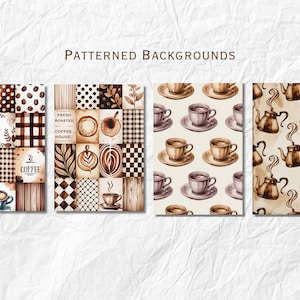 May include: Four watercolor designs with coffee themes. The first features squares with coffee beans, leaves, and coffee cups. The second has coffee art and the words "Fresh Roasted Coffee House." The third shows coffee cups and saucers. The fourth has coffee pots.