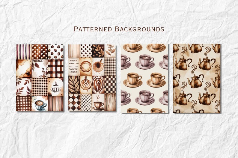May include: Four watercolor designs with coffee themes. The first features squares with coffee beans, leaves, and coffee cups. The second has coffee art and the words "Fresh Roasted Coffee House." The third shows coffee cups and saucers. The fourth has coffee pots.