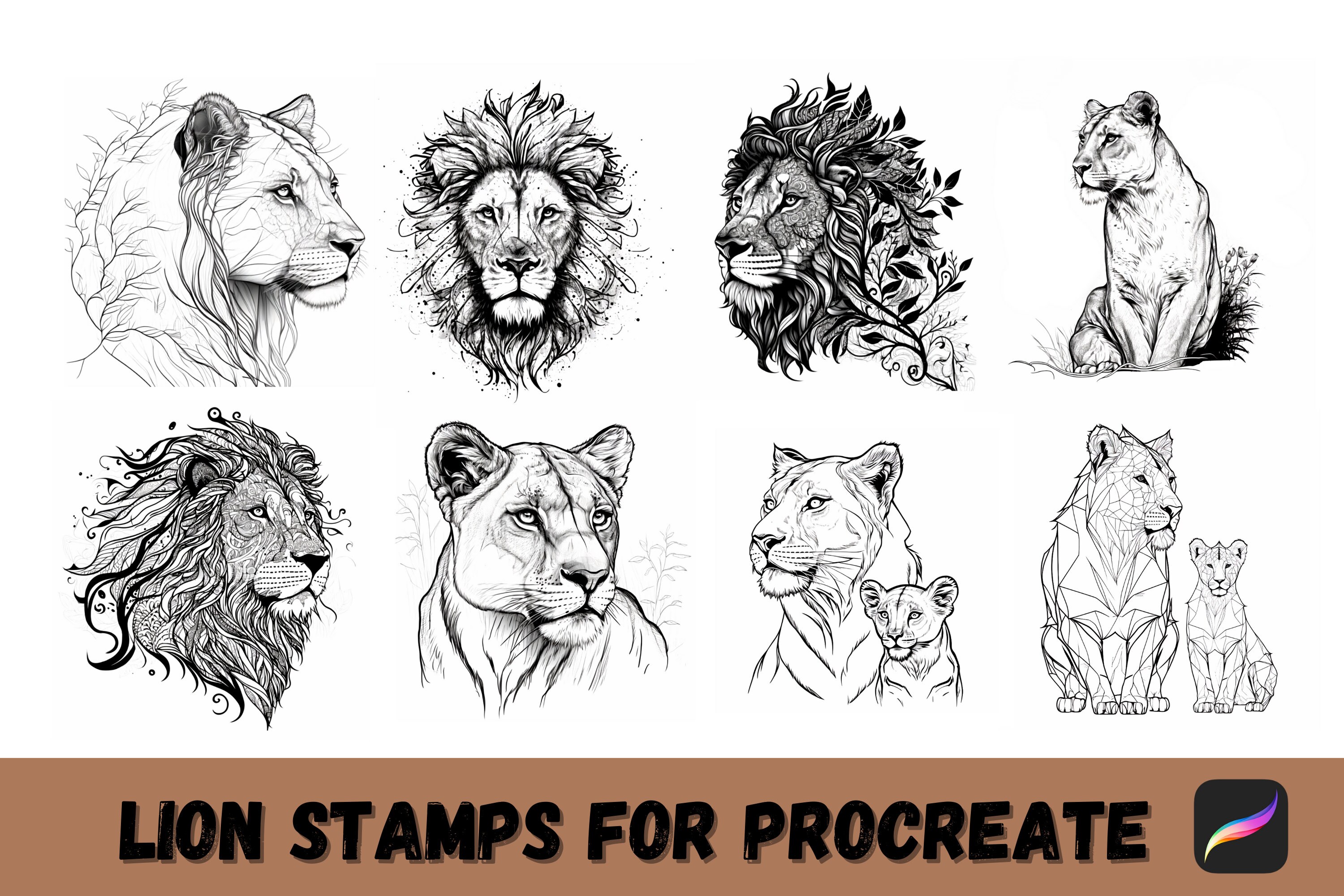 Lion Procreate Stamp, Lion Stamps, Lion and Cubs Tattoo Procreate