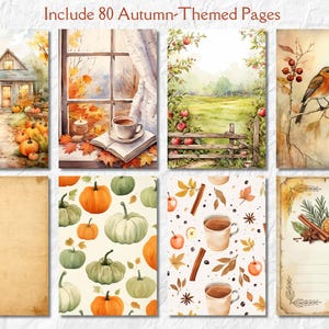 Op de afbeelding: Waterverfillustraties van herfsttaferelen, waaronder een huis met pompoenen, een raam met een kopje koffie, een veld met een hek en een vogel op een tak. De tekst "Include 80 Autumn-Themed Pages" staat bovenaan.